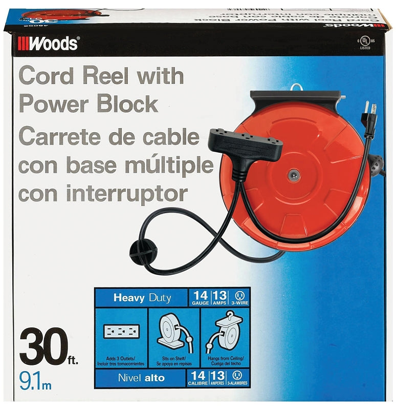 WOODS CCI 48006 Power Cord Reel, 30 ft L Cord, 14 AWG Wire, 125 V, Orange ELECTRICAL WOODS