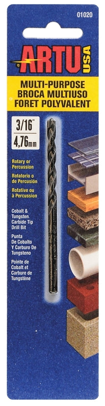 ARTU ARTU 01020 Jobber Drill Bit, 3/16 in Dia, 3-1/2 in OAL, Parabolic Flute, 3/16 in Dia Shank, Straight Shank