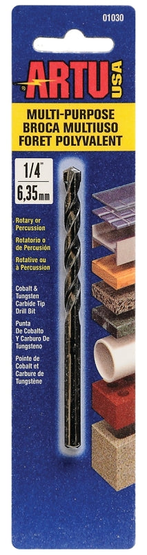 ARTU ARTU 01030 Jobber Drill Bit, 1/4 in Dia, 4-1/8 in OAL, Parabolic Flute, 1/4 in Dia Shank, Straight Shank