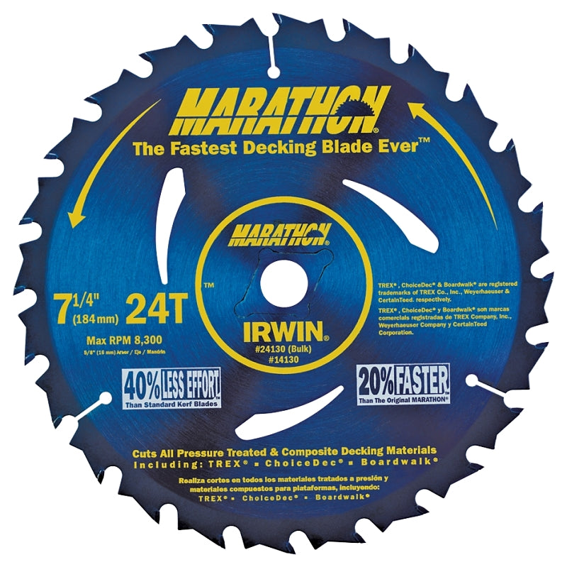 IRWIN Irwin Marathon 14130 Circular Saw Blade, 7-1/4 in Dia, Carbide Cutting Edge, 5/8 in Arbor, 24-Teeth TOOLS IRWIN