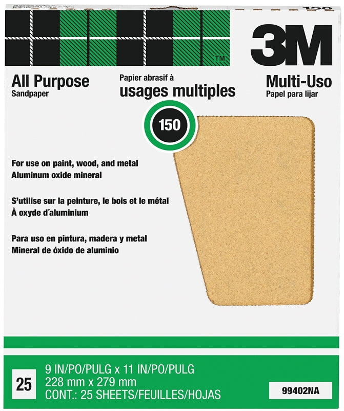 3M 3M 99402NA Sandpaper, 11 in L, 9 in W, Fine, 150 Grit, Aluminum Oxide Abrasive, Paper Backing PAINT 3M