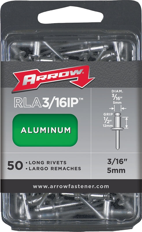 ARROW Arrow RLA3/16IP Pop Rivet, Long, 1/2 in Grip, 1/2 in L, Aluminum, 50/PK