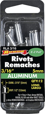 ARROW Arrow RLA3/16 Pop Rivet, Long, 1/2 in Grip, 1/2 in L, Aluminum, Silver, 12/PK TOOLS ARROW