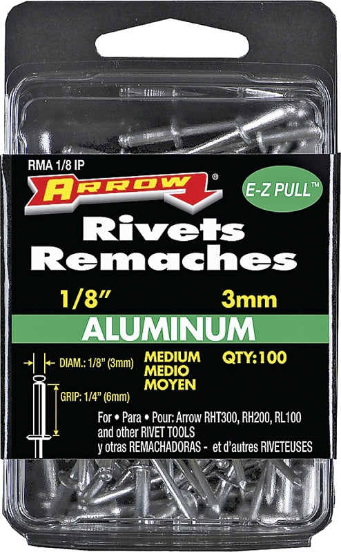 ARROW Arrow RMA1/8IP Pop Rivet, Medium, 1/4 in Grip, 1/4 in L, Aluminum, 100/PK