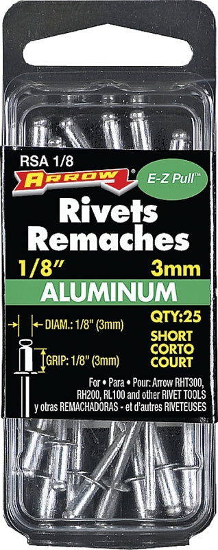 ARROW Arrow RSA1/8 Pop Rivet, Short, 1/8 in Grip, 1/8 in L, Aluminum, 25/PK TOOLS ARROW