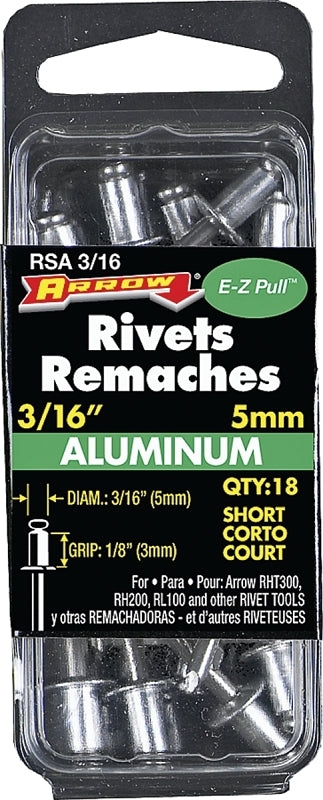 ARROW Arrow RSA3/16 Pop Rivet, Short, 1/8 in Grip, 1/8 in L, Aluminum, 18/PK TOOLS ARROW
