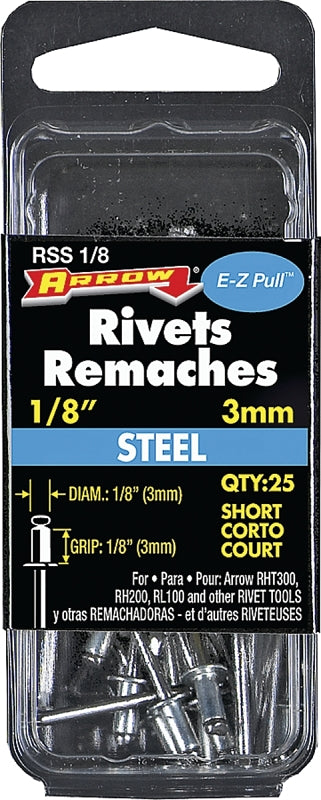 ARROW Arrow RSS1/8 Pop Rivet, Short, 1/8 in Grip, 1/8 in L, Steel, 25/PK