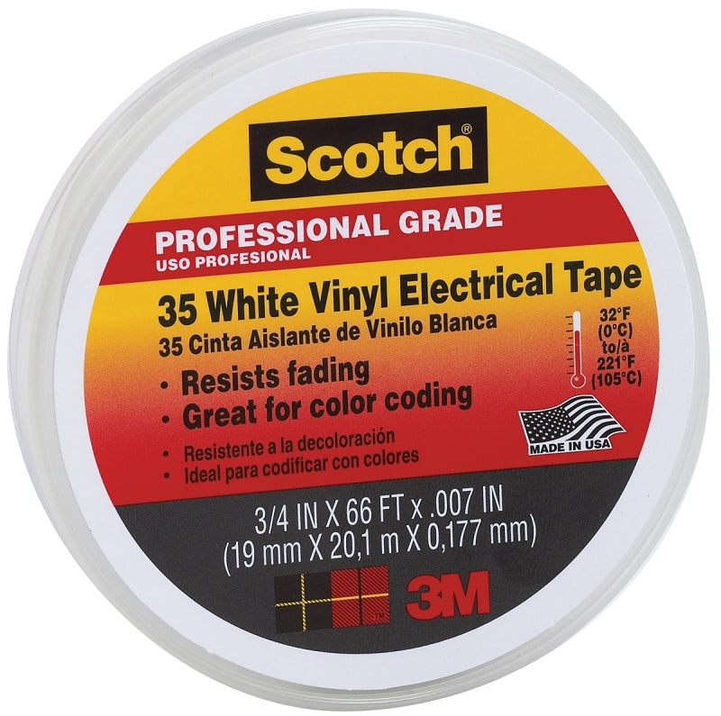 SCOTCH Scotch 10828-DL-2W Electrical Tape, 66 ft L, 3/4 in W, PVC Backing, White