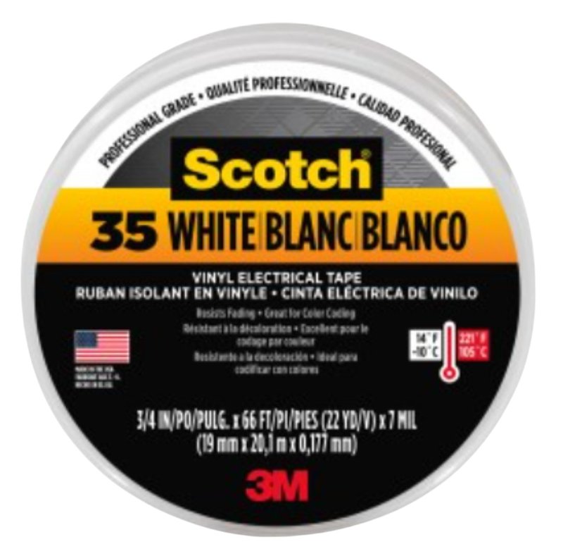 SCOTCH Scotch 10828-DL-2W Electrical Tape, 66 ft L, 3/4 in W, PVC Backing, White