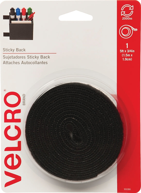 VELCRO BRAND VELCRO Brand 90086 Fastener, 3/4 in W, 5 ft L, Nylon, Black, 5 lb, Rubber Adhesive