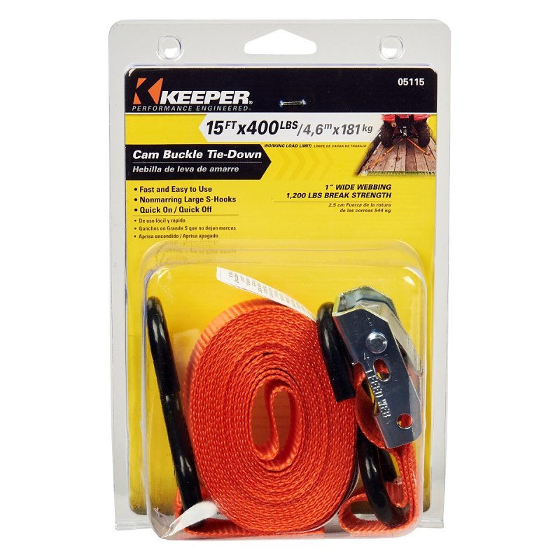 KEEPER Keeper 05115 Tie-Down, 1 in W, 15 ft L, Nylon, Red, 400 lb, S-Hook End Fitting AUTOMOTIVE KEEPER