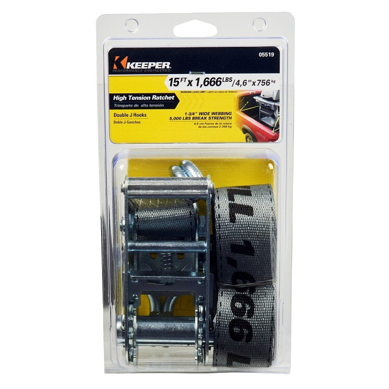 KEEPER Keeper 05519 Tie-Down, 1-3/4 in W, 15 ft L, Polyester, Yellow, 1666 lb, J-Hook End Fitting AUTOMOTIVE KEEPER