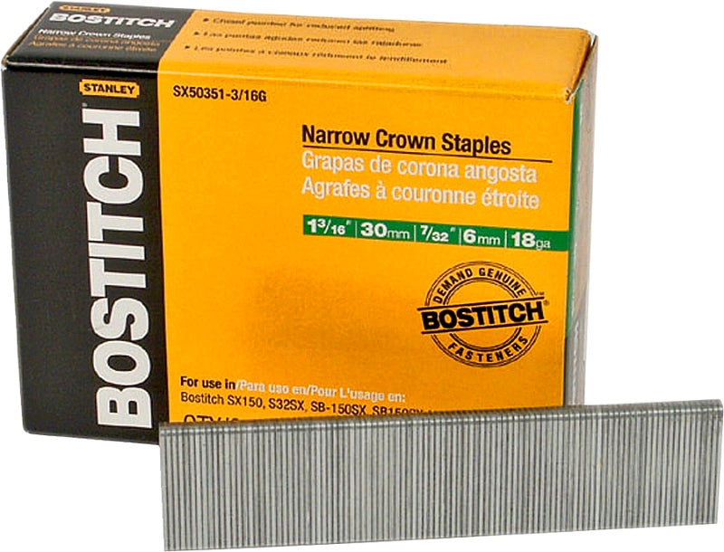 BOSTITCH Bostitch SX50351-3/16G Crown Staple, 7/32 in W Crown, 1-3/16 in L Leg, 18 Gauge, Steel