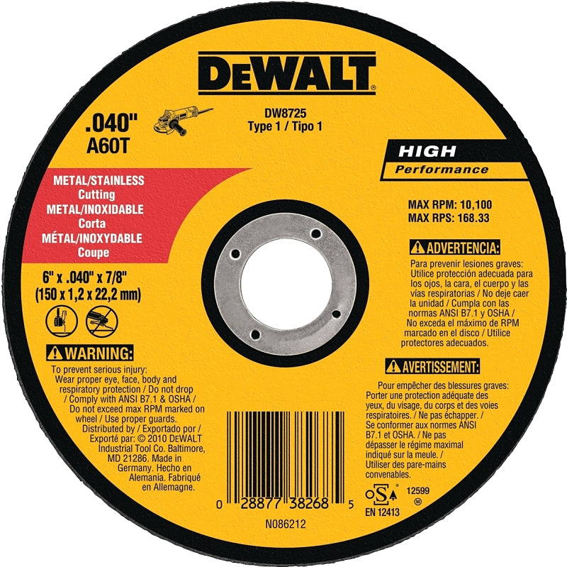 DEWALT DEWALT DW8725 Cutting Wheel, 6 in Dia, 0.04 in Thick, 7/8 in Arbor, Very Fine, Aluminum Oxide Abrasive TOOLS DEWALT