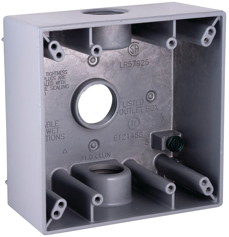 HUBBELL Bell Outdoor 5341-0 Weatherproof Box, 4-1/2 in W, 4-9/16 in D, 4-1/2 in H, 3-Knockout, Horizontal, Vertical Mounting
