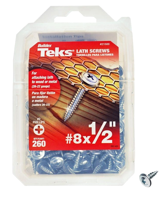 TEKS Teks 21500 Lath Screw, #8 Thread, Truss Head, Phillips Drive, Sharp Point, Steel, Zinc, 260 PK