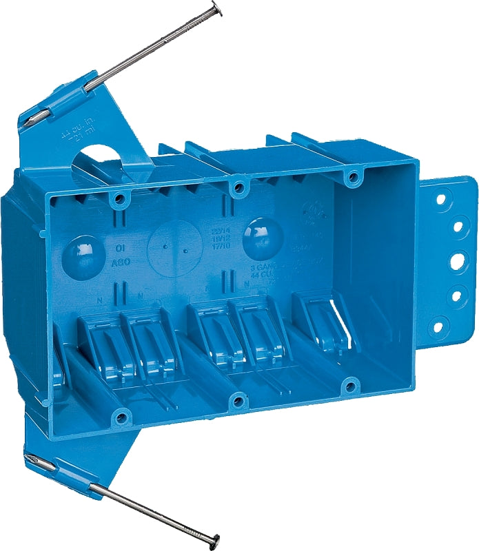 CARLON Carlon B344AB-UPC Outlet Box, 3-Gang, PVC, Blue, Captive Nail, Bracket