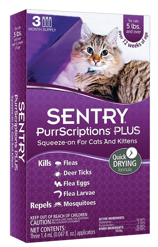 SENTRY Sentry PurrScriptions Plus 02111 Flea and Tick Squeeze-On, Liquid, Mild Acetate, 6 Count