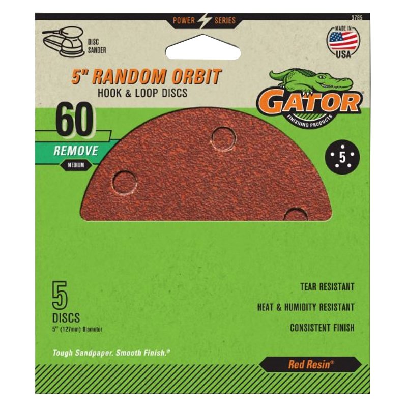GATOR Gator 3785 Sanding Disc, 5 in Dia, 60 Grit, Coarse, Aluminum Oxide Abrasive, Vented, 5/PK