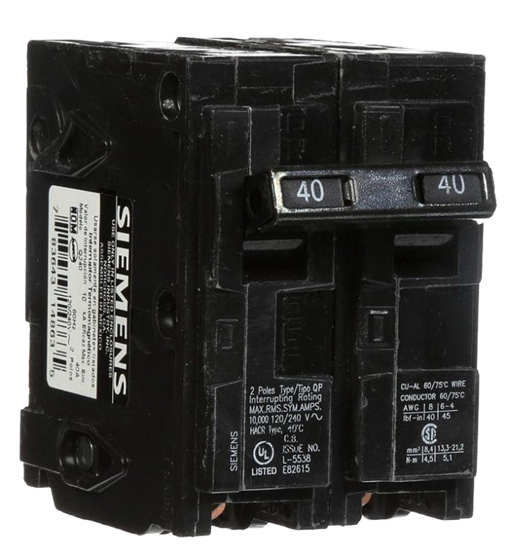 SIEMENS Siemens Q240 Circuit Breaker, Mini, 40 A, 2 -Pole, 120/240 V, Fixed Trip, Plug Mounting ELECTRICAL SIEMENS