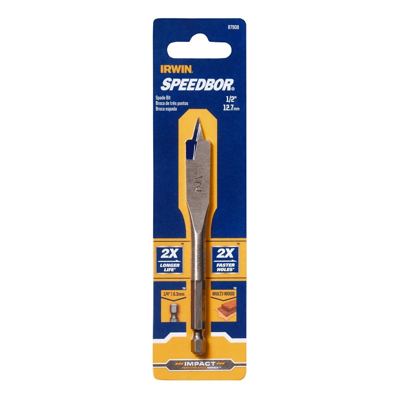 IRWIN Irwin SPEEDBOR 87908 Spade Drill Bit, 1/2 in Dia, 4 in OAL, Short Length, Flat Flute, 1/4 in Dia Shank, Hex Shank TOOLS IRWIN