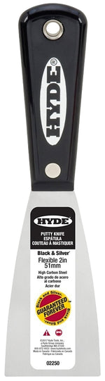 HYDE Hyde Black & Silver Series 02250 Putty Knife, 2 in W Blade, HCS Blade, Nylon Handle, Tapered Handle, 7-3/4 in OAL PAINT HYDE