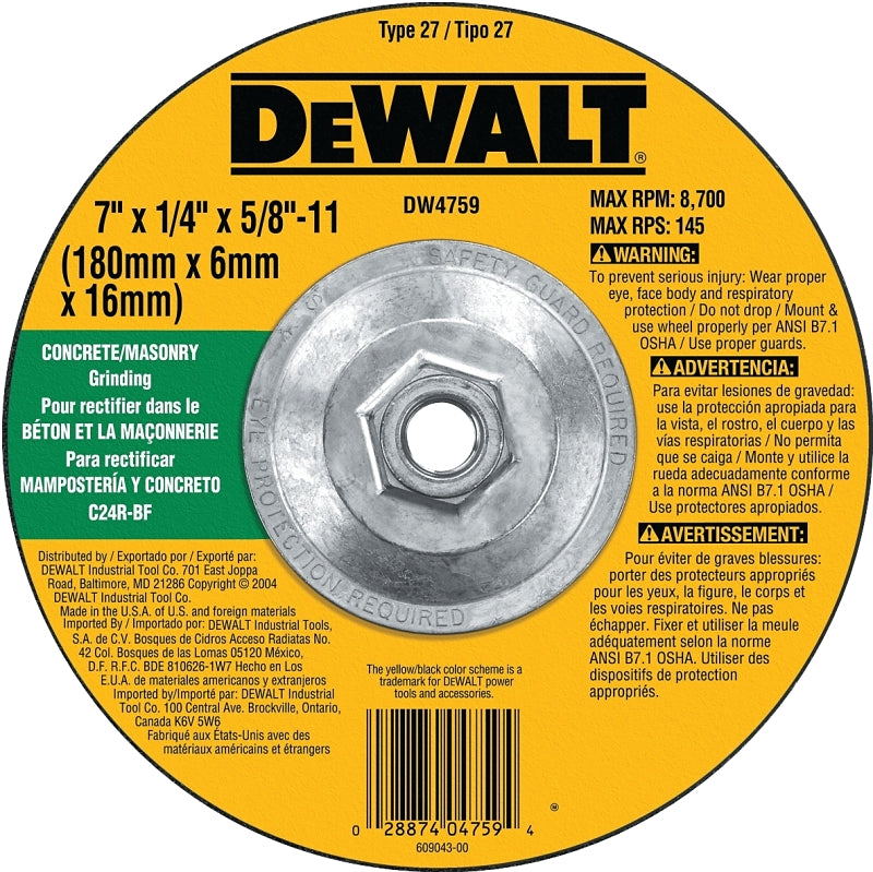 DEWALT DEWALT DW4759 Grinding Wheel, Applicable Materials: Masonry, 7 in Dia, 1/4 in Thick, 5/8-11 in Arbor, 24 Grit