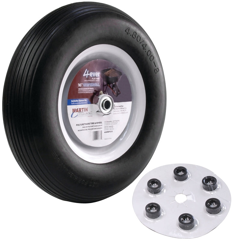 MARTIN WHEEL MARTIN Wheel 408RBPU32 Wheelbarrow Wheel with Universal Hub, 4.8 x 4/8 in Tire, 16 in Dia Tire, Ribbed Tread LAWN & GARDEN MARTIN WHEEL