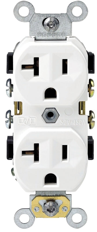 LEVITON Leviton S02-0BR20-0WS Duplex Receptacle, Nylon, White, 2-Pole, 20 A, 125 V, Back, Side Wiring, NEMA: 5-20R