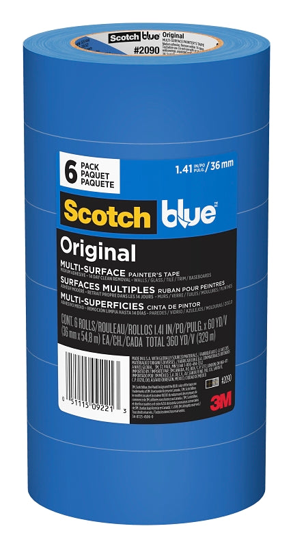 SCOTCH BLUE ScotchBlue 2090-36A-CP Painter's Tape, 60 yd L, 1-1/2 in W, 5 mil Thick, Crepe Paper Backing, Blue