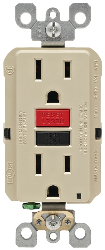 LEVITON Leviton R71-GFNT1-0RI GFCI Duplex Receptacle, Polycarbonate, Ivory, 2-Pole, 15 A, 125 V, 3-Wire