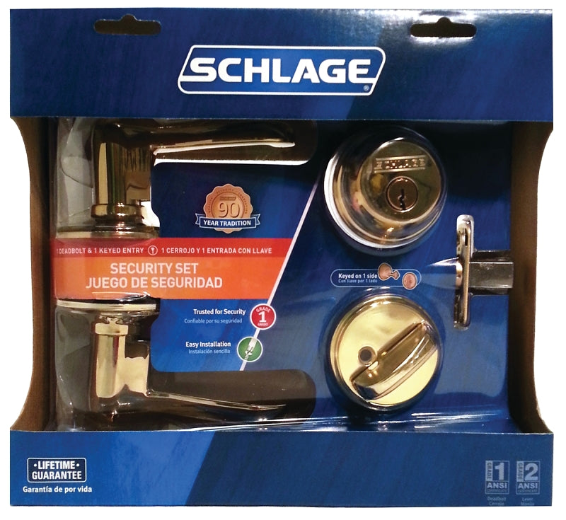 SCHLAGE LOCK Schlage FB50NVFLA505 Knob Lockset, Mechanical Lock, Lever Handle, Flair Lever, Bright Brass, 1 Grade, Metal