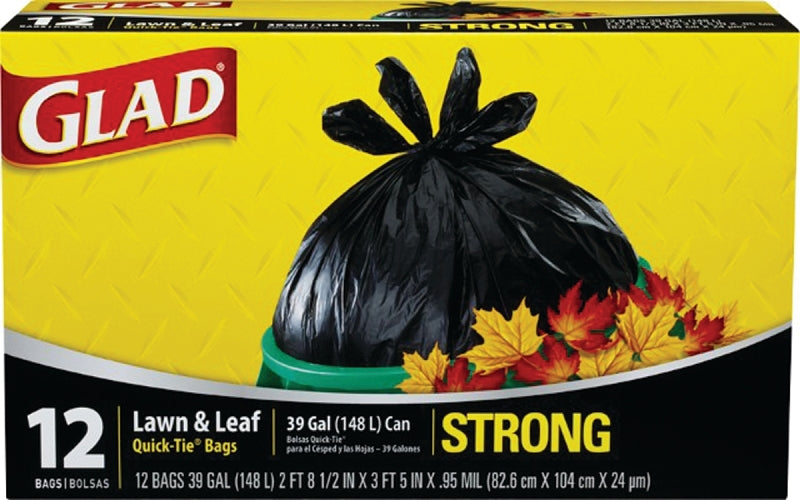 GLAD Glad 70028 Lawn and Leaf Bag, 32-1/2 in L, 38 in W, 39 gal, Black, Quick Tie