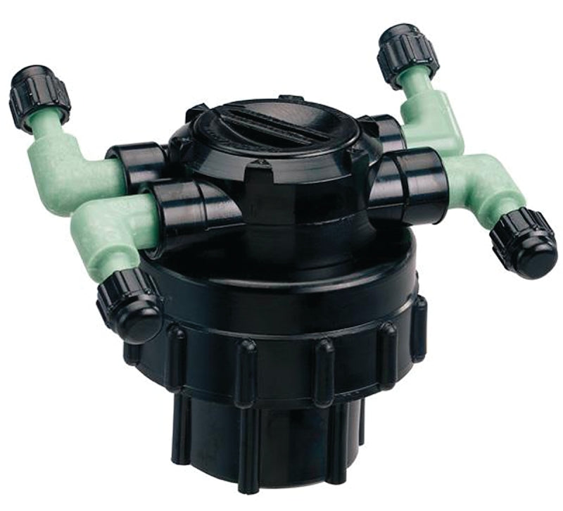 ORBIT IRRIGATION PRODUCTS Orbit 67005 Manifold, 1/2 x 1/4 in Connection, Thread x Barb, 4-Port, 1/4 in Tubing, Plastic, Black LAWN & GARDEN ORBIT IRRIGATION PRODUCTS