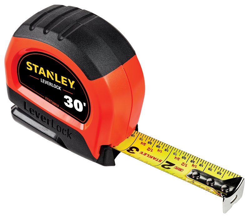 STANLEY STANLEY LeverLock Series STHT30819S Tape Measure, 30 ft L Blade, 1 in W Blade, Steel Blade, ABS/Rubber Case, Orange Case