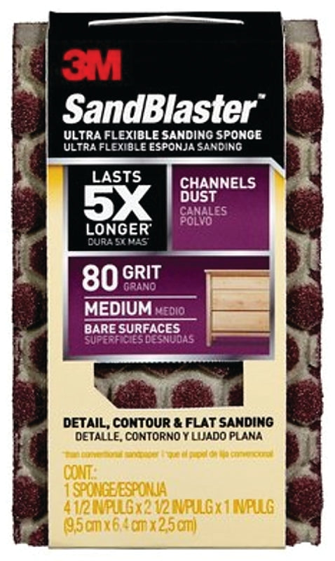 3M Scotch 20908-80-UFS Sanding Sponge, 4-1/2 in L, 2-1/2 in W, 80 Grit, Medium, Aluminum Oxide Abrasive BUILDING MATERIALS 3M