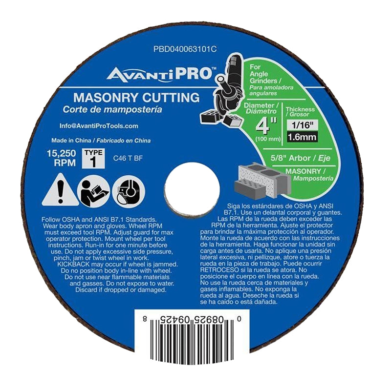 AVANTI PRO Avanti Pro PBD040063101C Cut-Off Wheel, 4 in Dia, 1/16 in Thick, 5/8 in Arbor, Silicone Carbide Abrasive TOOLS AVANTI PRO