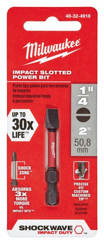 MILWAUKEE Milwaukee SHOCKWAVE 48-32-4918 Power Bit, #10, 1/4 in Drive, Slotted Drive, 1/4 in Shank, Hex Shank, 2 in L, Steel TOOLS MILWAUKEE