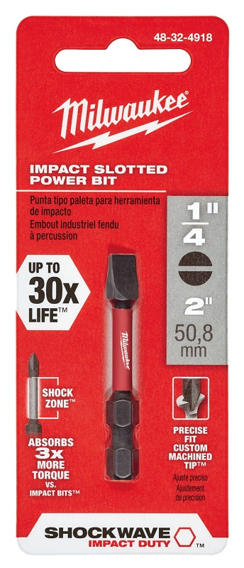 MILWAUKEE Milwaukee SHOCKWAVE 48-32-4918 Power Bit, #10, 1/4 in Drive, Slotted Drive, 1/4 in Shank, Hex Shank, 2 in L, Steel TOOLS MILWAUKEE