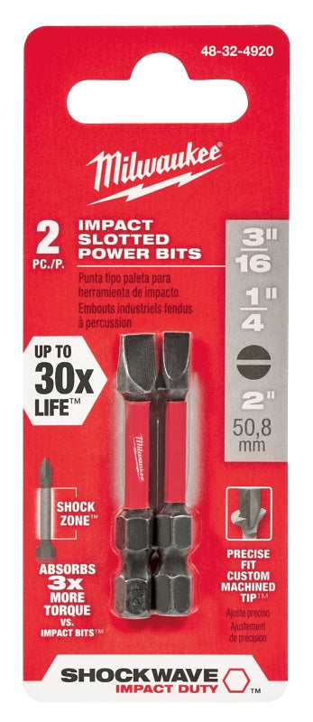 MILWAUKEE Milwaukee SHOCKWAVE 48-32-4920 Power Bit, 3/16, 1/4 in Drive, Slotted Drive, 1/4 in Shank, Hex Shank, 2 in L