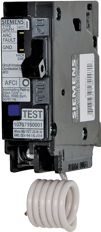 SIEMENS Siemens QA120AFC Circuit Breaker, AFCI, Combination, 20 A, 1 -Pole, 120/240 V, Fixed Trip, Plug Mounting