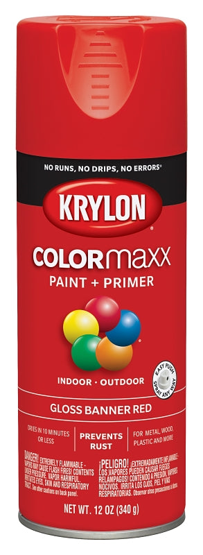 KRYLON Krylon K05503007 Enamel Spray Paint, 12 oz Can, 25 sq-ft Coverage Area, Solvent Base, Gloss, Banner Red
