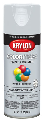 KRYLON Krylon K05531007 Enamel Spray Paint, 12 oz Can, 25 sq-ft Coverage Area, Solvent Base, Gloss, Pewter Gray