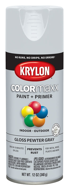 KRYLON Krylon K05531007 Enamel Spray Paint, 12 oz Can, 25 sq-ft Coverage Area, Solvent Base, Gloss, Pewter Gray