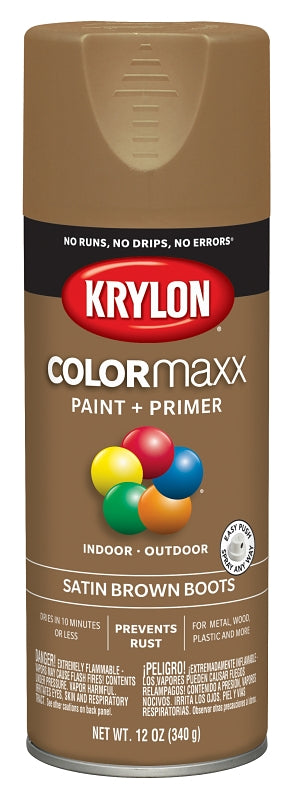 KRYLON Krylon K05559007 Enamel Spray Paint, 12 oz Can, 25 sq-ft Coverage Area, Acrylic Base, Satin, Brown Boots PAINT KRYLON