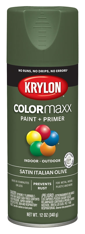 KRYLON Krylon K05566007 Enamel Spray Paint, 12 oz Can, 25 sq-ft Coverage Area, Acrylic Base, Satin, Italian Olive
