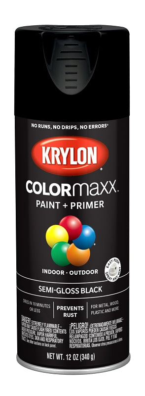KRYLON Krylon K05579007 Enamel Spray Paint, 12 oz Can, 25 sq-ft Coverage Area, Acrylic Base, Semi-Gloss, Black PAINT KRYLON