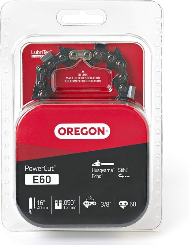 OREGON Oregon PowerCut E60 Chainsaw Chain, 16 in L Bar, 0.05 Gauge, 3/8 in TPI/Pitch, 60-Link OUTDOOR LIVING & POWER EQUIPMENT OREGON