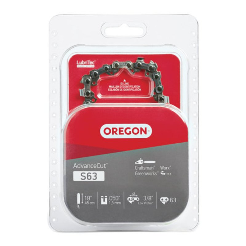 OREGON Oregon AdvanceCut S63 Chainsaw Chain, 18 in L Bar, 0.05 Gauge, 3/8 in TPI/Pitch, 63-Link OUTDOOR LIVING & POWER EQUIPMENT OREGON