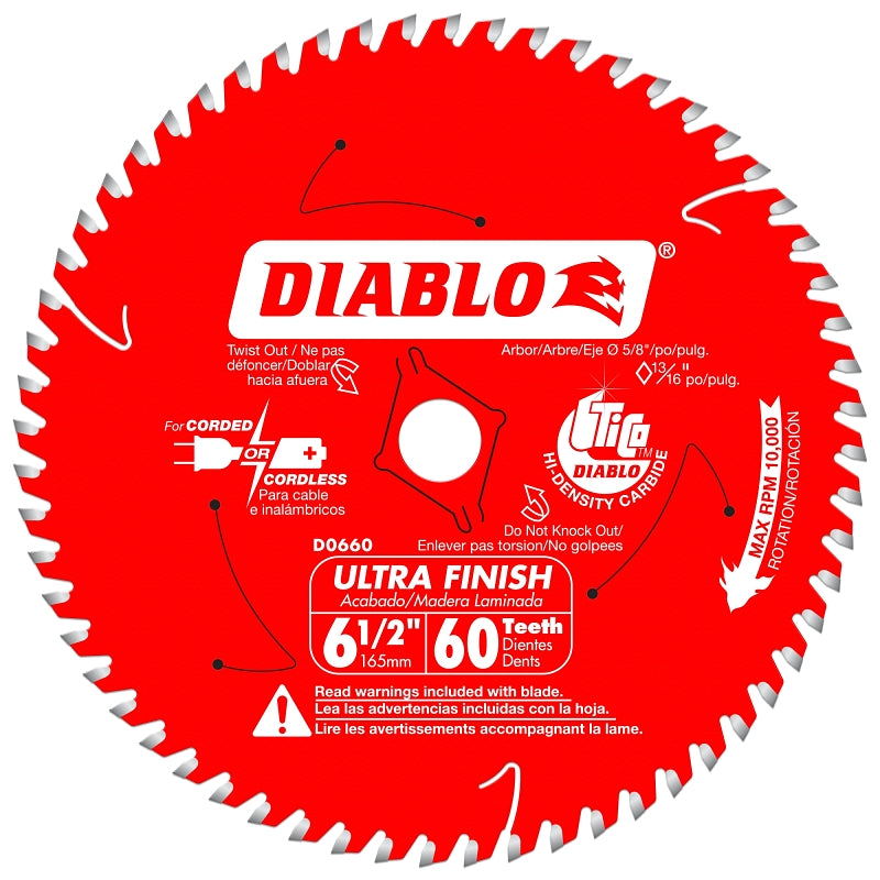 DIABLO Diablo D0660X Circular Saw Blade, 6-1/2 in Dia, 60-Teeth, Applicable Materials: Wood TOOLS DIABLO
